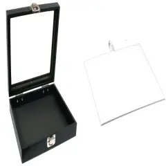 Black Sqaure Glass-top Case (Single Metal Latch) w/ White Leather Pad Insert