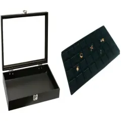 Black Glass-top Jewelry Case (Single metal latch) w/ Black 32-slot Plastic Tray