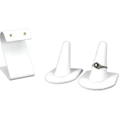 White Faux Leather Earring Stand & 2 Ring Finger Displays Jewelry Countertops