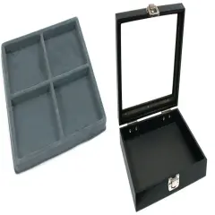 Black Sqaure Glass-top Case (Single Metal Latch) w/ Gray 4-slot Plastic Tray