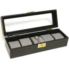 Watch Case Display Box W/Glass & Lock 5 Slot
