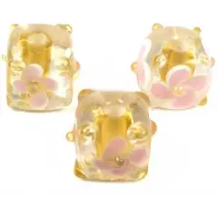 3 Yellow Lampwork Flower Beads Jewelry Glass Cube 12mm