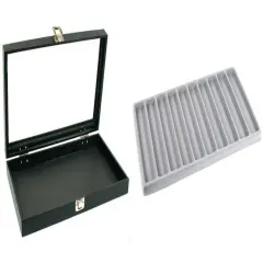 Black Glass Top Jewelry Case w/ 1 Gray 10-Slot Plastic Tray (Single metal latch)