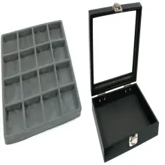 Black Sqaure Glass-top Case (Single Metal Latch) w/ Gray 16-slot Plastic Tray
