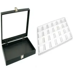 Black Glass Top Jewelry Case w/ 1 White 24-slot Plastic Tray(Single metal latch)