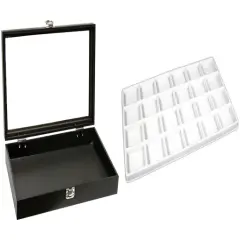 Black Glass-top Jewelry Case (Single metal latch) w/ White 24-slot Plastic Tray