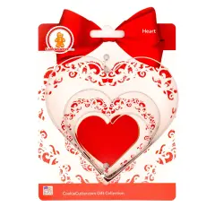 CookieCutter.com Heart Cookie Cutter Set 3 Piece, Hang Tag Cookie Recipe Card, Large, Medium, Small, Tin Plate Steel, USA