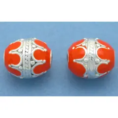 Oval Sterling Silver Beads Orange Enamel 9.5mm 2Pcs Approx.