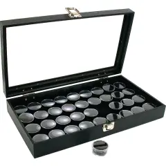 36 Gem Jars Black Display Tray Glass Lid Travel Case
