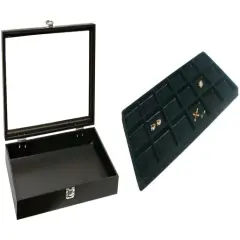 Black Glass-top Jewelry Case (Single metal latch) w/ Black 18-slot Plastic Tray