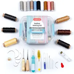 Incraftables Leather Sewing Kit. Heavy Duty Stitching Craft Working Tools Set. Upholstery Repair Kit w/ Waxed Thread Cord, Needles, Tape, Awl, Scissors, Unpicker & Thimble for Beginner Hand Sewing