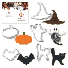 CookieCutter.com 5 Piece Halloween Cookie Cutter Set Scary Cat, Ghost, Flat Pumpkin, Witch Hat, Bat, Metal Shapes Made in USA, Silver