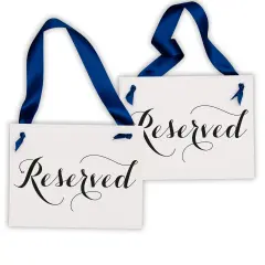 Ritzy Rose 2 Fancy Reserved Signs - Black on 11x8in Ivory Linen Cardstock with Light Navy Ribbon