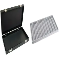 Black Jewelry Case (2xMetal Clasps & Removable Lid) w/ Gray 10-slot Plastic Tray