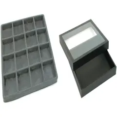 Black Square Display Case (Glass-top Removable Lid) w/ Gray 16-slot Plastic Tray