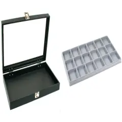 Black Glass Top Jewelry Case w/ 1 Gray 18-Slot Plastic Tray (Single metal latch)