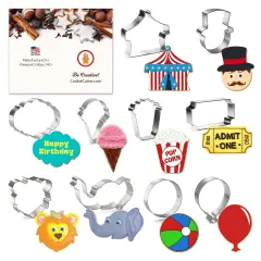 CookieCutter.com Circus Birthday 10 Piece Cookie Cutters Set, Tent, Ringmaster, Ball, Lion Face, Elephant, Ticket, Ice Cream, Tin Plate Steel, USA