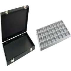 Black Jewelry Case (2xMetal Clasps & Removable Lid) w/ Gray 32-slot Plastic Tray