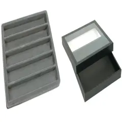 Black Square Display Case (Glass-top Removable Lid) w/ Gray 5-slot Plastic Tray