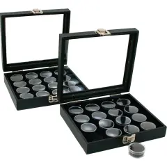 32 Gem Jars Black Display Tray Glass Lid Travel Case