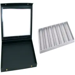 Black Glass Top Jewelry Case (Snap close lid) w/ Gray 7-slot Plastic Tray