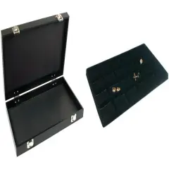 Black Jewelry Case (2xMetal Clasps &Removable Lid) w/ Black 24-slot Plastic Tray