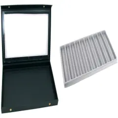 Black Glass Top Jewelry Case (Snap close lid) w/ Gray 10-slot Plastic Tray