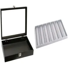 Black Glass-top Jewelry Case (Single metal latch) w/ Gray 7-slot Plastic Tray