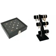 Glass Top Jewelry Case W/ Ring Foam Tray Insert & Velvet 3-Tier T-Bar Kit 3 Pcs