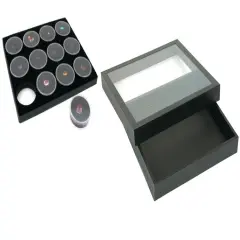 Black Square Case (Glass-top Removable Lid) w/ Black Foam 12 Gem Jar Insert