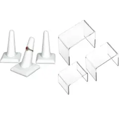 3 White Faux Leather Ring Square Base Finger Displays and 3 Acrylic Jewelry Display Risers