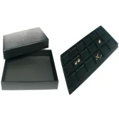 Black Jewelry Display Case (Removable Magnetic Lid) w/ Blck 18-slot Plastic Tray