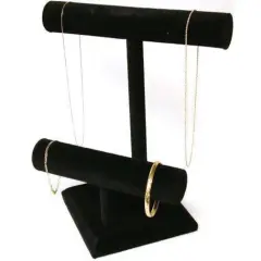 2 Tier Black Velvet T-Bar Bracelet & Necklace Display