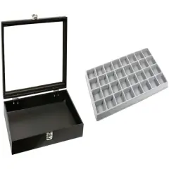 Black Glass-top Jewelry Case (Single metal latch) w/ Gray 32-slot Plastic Tray
