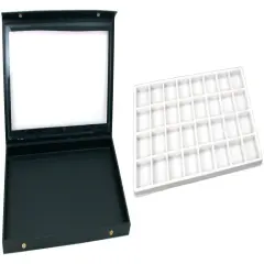 Black Glass Top Jewelry Case (Snap close lid) w/ White 32-slot Plastic Tray