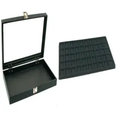 Black Glass Top Jewelry Case w/ 1 Black 50-Slot Plastic Tray(Single metal latch)
