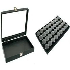 Blck Glass Top Jewelry Case (Single metal clasp) w/ Black Foam 24 Gem Jar Insert