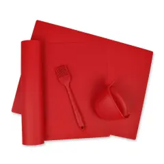 Red 4-Piece Kitchen Baking Set - To include 2 silicone baking mats, one oven gripper and one basting brush.Silicone is Heat Resistant, Non Stick, Dishwasher Safe and BPA Free.