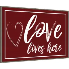 Valentines Sentiment V Love Lives Here by Tara Reed 33-in. W x 23-in. H. Canvas Wall Art Print Framed in Grey