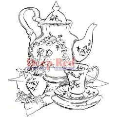 Deep Red Stamps Tea Set Rubber Stamp 2.9 x 3.1 inches