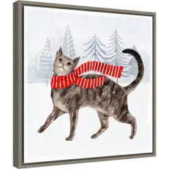 Christmas Cats and Dogs I by Victoria Borges 16-in. W x 16-in. H. Canvas Wall Art Print Framed in Grey