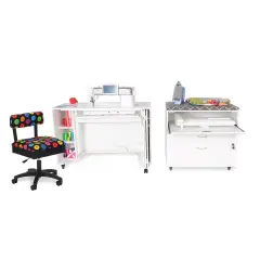 Kangaroo Sewing Furniture Studio Set: MOD XL with MOD Embroidery Arm Cabinet and Hydraulic Chair Bundle With Black Button Print Chair