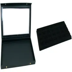 Black Glass Top Jewelry Case (Snap close lid) w/ Black 28-slot Plastic Tray