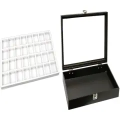 Black Glass-top Jewelry Case (Single metal latch) w/ White 32-slot Plastic Tray