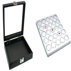 Black Sqaure Glass-top Case (Single Metal Latch) w/ White Foam 25 Gem Jar Insert