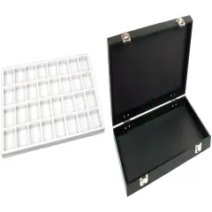 Black Jewelry Case (2xMetal Clasps &Removable Lid) w/ White 32-slot Plastic Tray