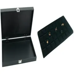 Black Jewelry Display Case (Single metal clasp) w/ Black 32-slot Plastic Tray