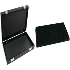 Black Jewelry Case (2xMetal Clasps & Removable Lid) w/ Black 7-slot Plastic Tray
