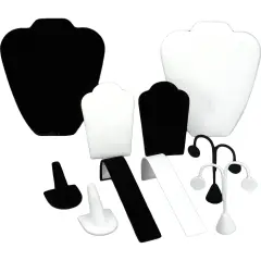 Black Velvet & Faux White Leather Jewelry Display 10 Piece Set