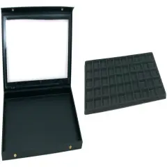 Black Glass Top Jewelry Case (Snap close lid) w/ Black 50-slot Plastic Tray